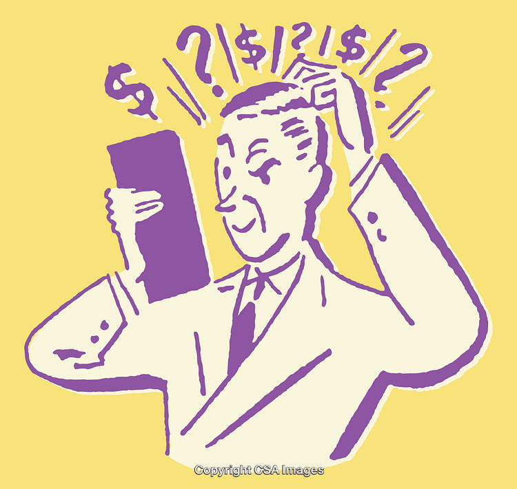 Cartoon Illustration of Confused Businessman with Financial Symbols in Line Art Style