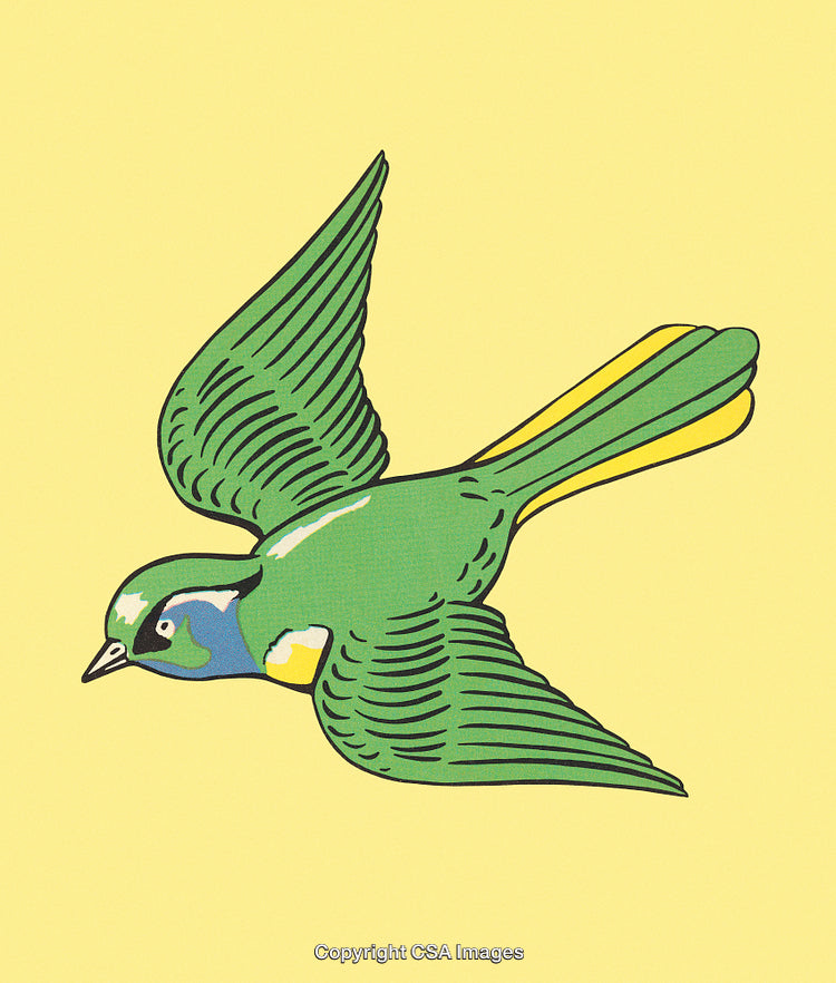 Colorful Illustration of a Green Bird in Flight on Yellow Background