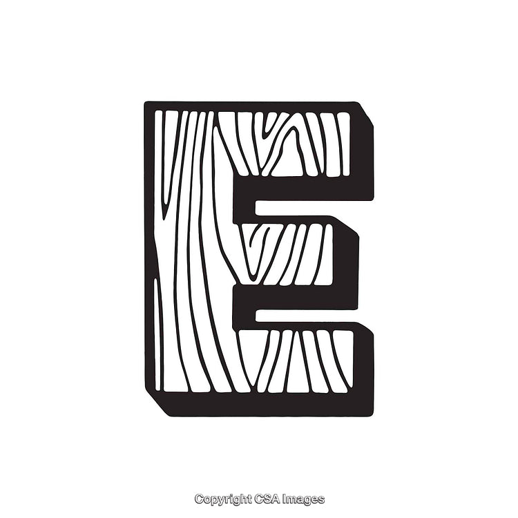 Woodgrain Letter E in Bold Black Design on White Background