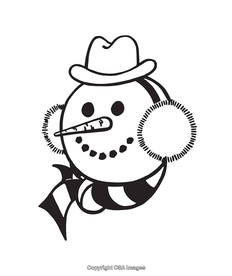 Black and White Snowman Illustration with Winter Accessories and Hat