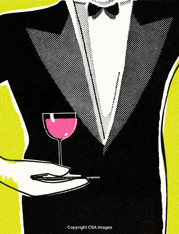 Vintage Illustration of a Tuxedoed Waiter Serving a Drink on a Tray