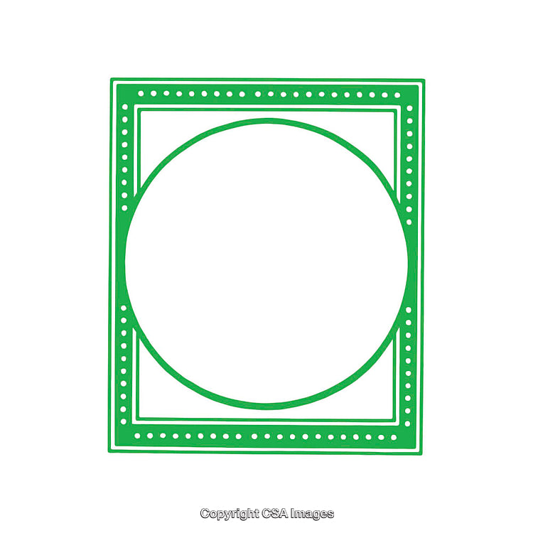 Geometric Green Frame with Circular and Square Designs on White Background