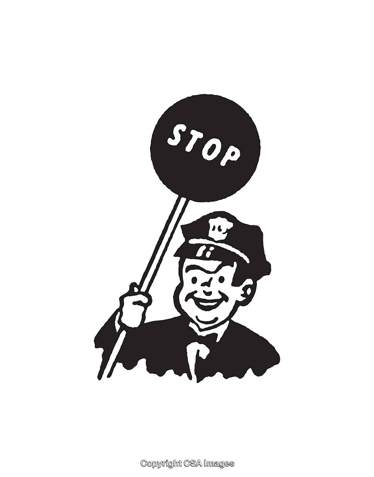 Retro-Style Policeman Holding a Stop Sign in Line Art Illustration