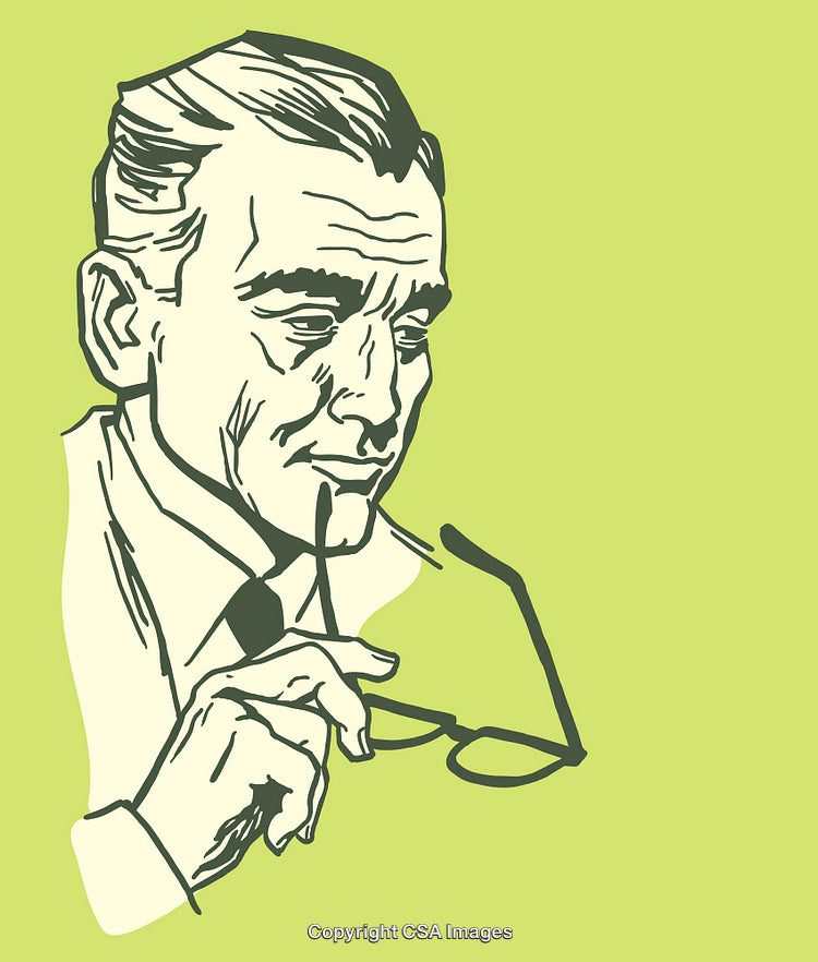 Vintage Styled Illustration of a Pensive Man Holding Eyeglasses