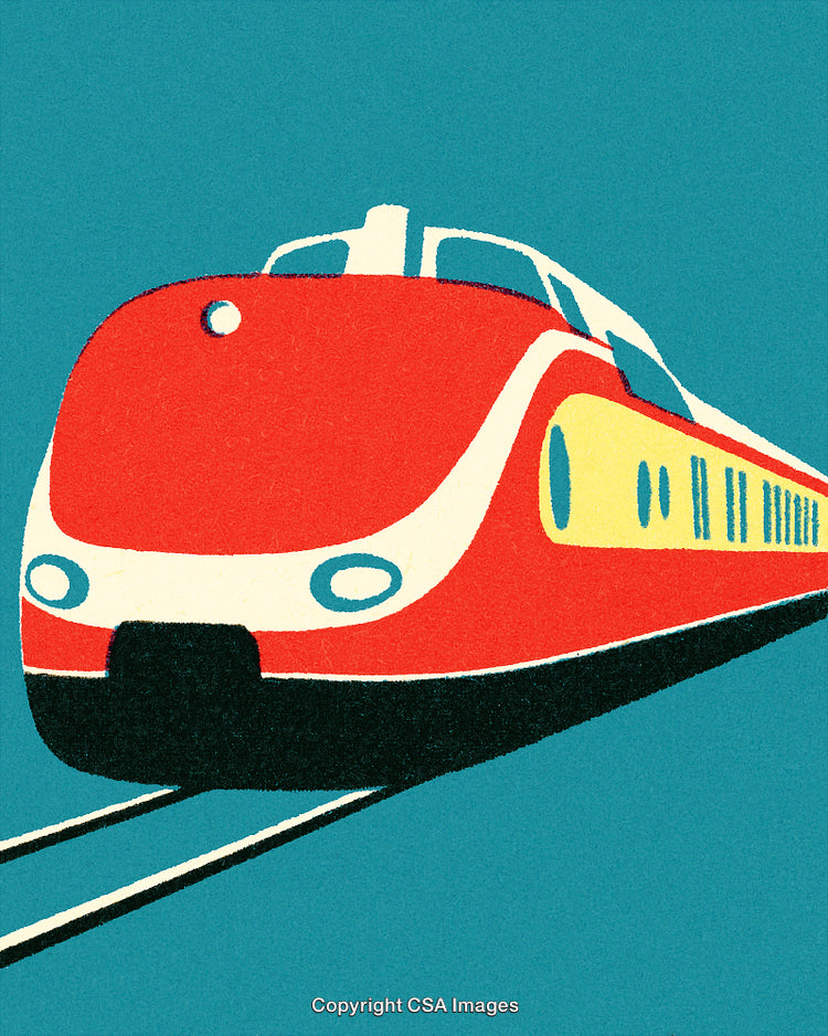 Retro Style Illustration of a Red High-Speed Train on Blue Background