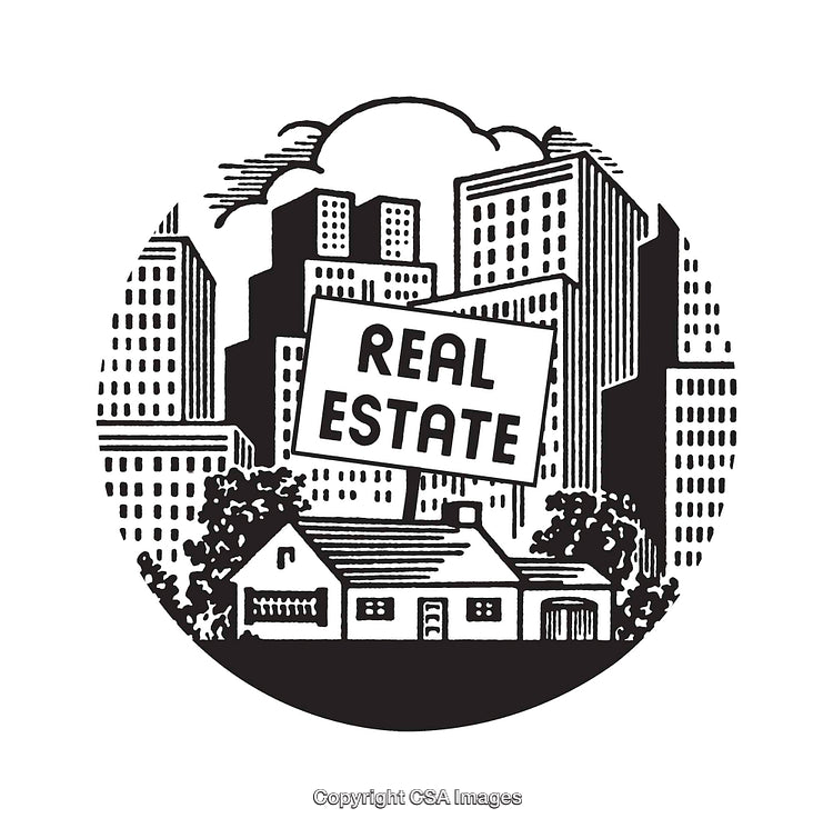 Black and White Illustration of Real Estate with Buildings and a House
