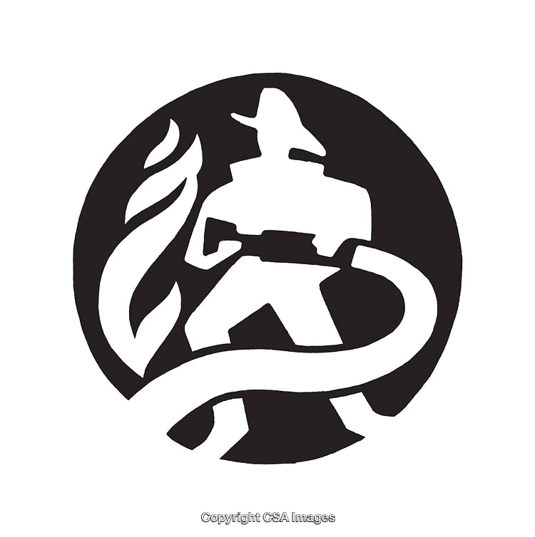 Black And White Line Art Firefighter With Hose Emblem