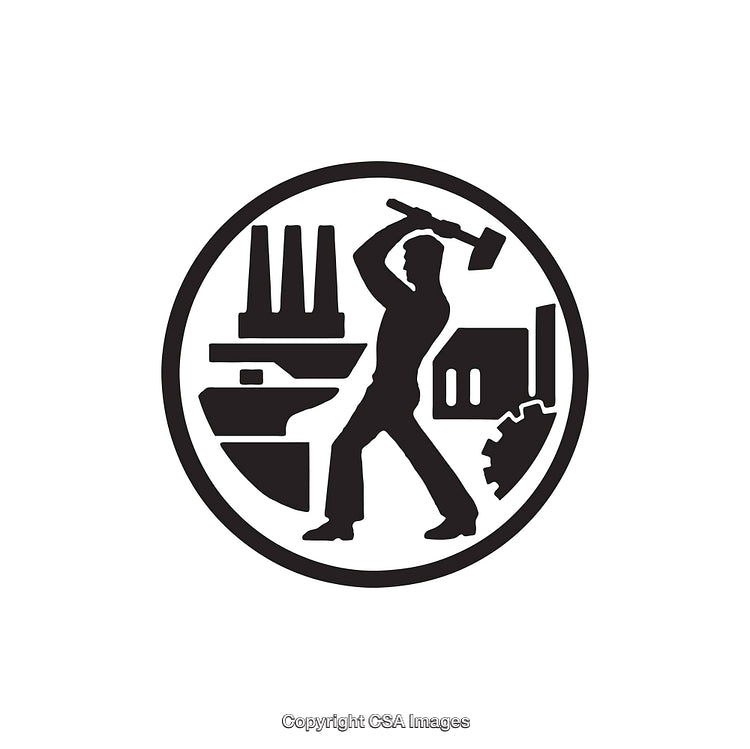 Black and White Silhouette of Worker Amidst Industrial Symbolism