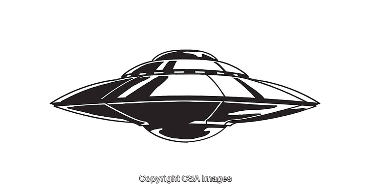 Black and White Illustration of a Flying Saucer in Sleek Line Art