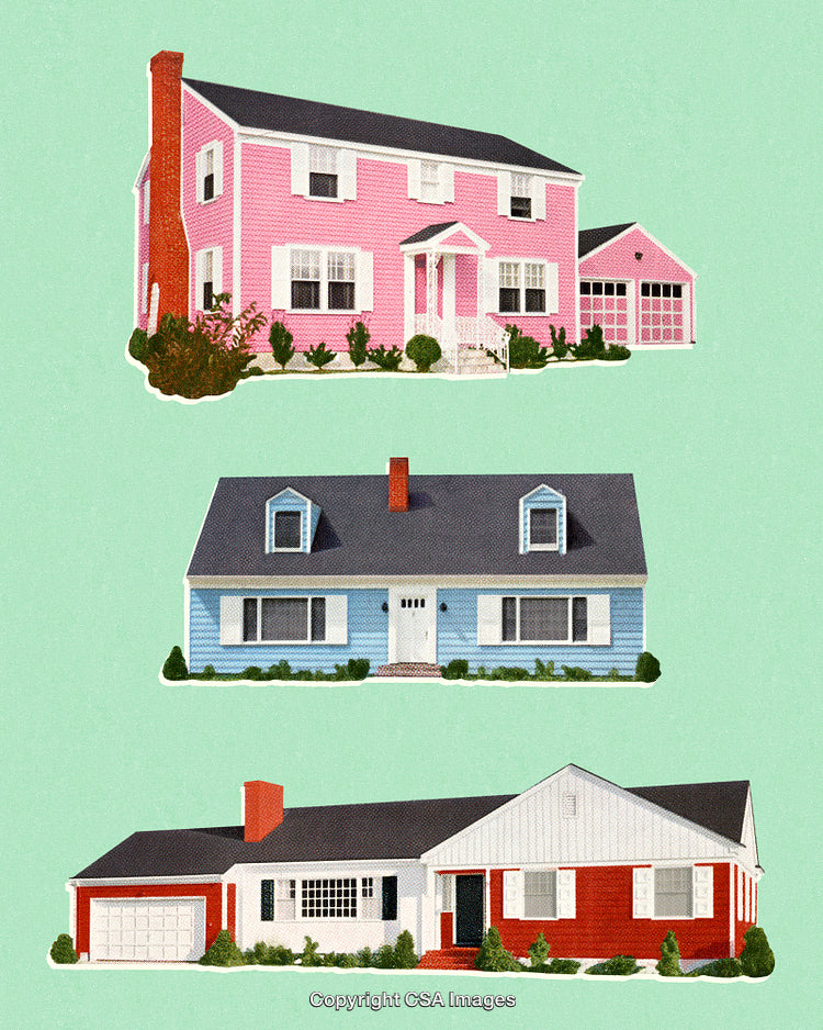 Stylized Illustrations of Colorful Houses with Distinctive Architectural Features
