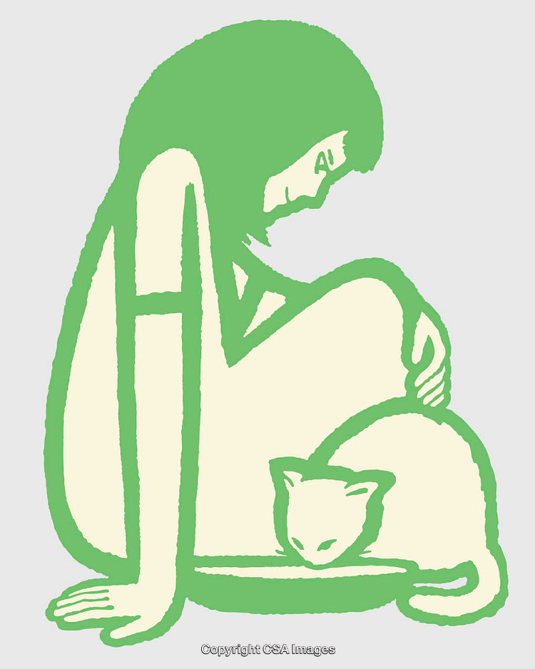 Stylized Line Art of a Woman and Cat in Intimate Pose