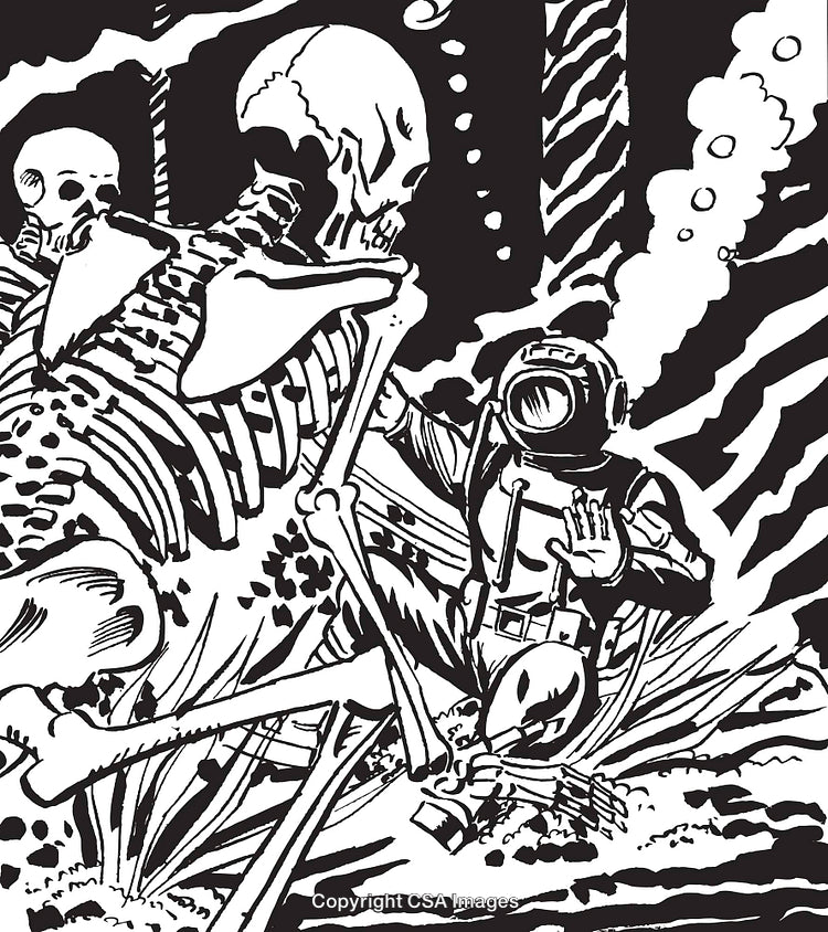 Deep Sea Diver Encountering Skeletons in Underwater Mysterious Scene Illustration