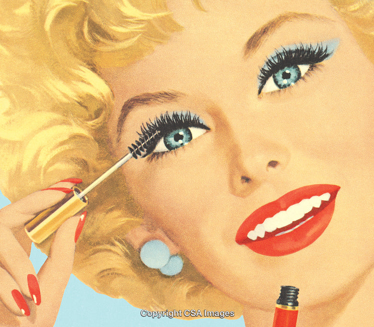 Retro Illustration of a Woman Applying Mascara Smiling Brightly
