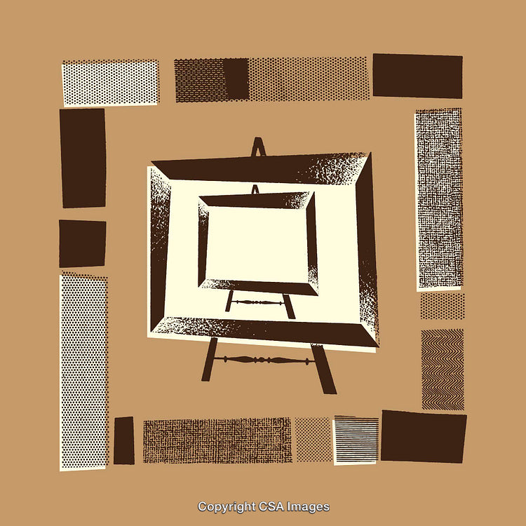 Abstract Canvas and Easel on Brown Background with Graphic Shapes