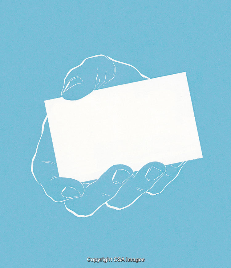 Minimalist Illustration of a Hand Holding a Blank White Card on Blue Background