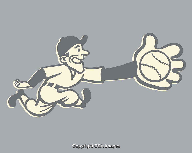 Vintage Baseball Player Catching Ball in Stylized Cartoon Art