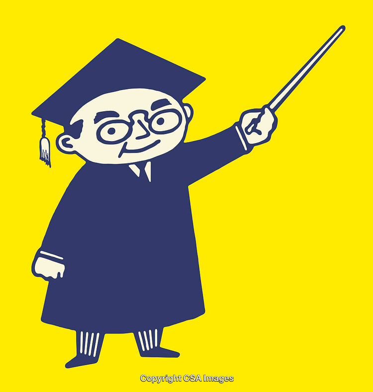 Cartoon Professor Illustration with Graduation Hat on a Bright Yellow Background