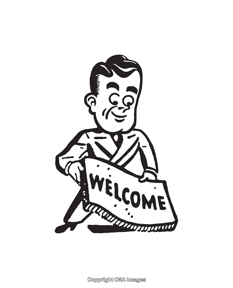 Vintage Black and White Illustration Featuring a Welcoming Man with Sign