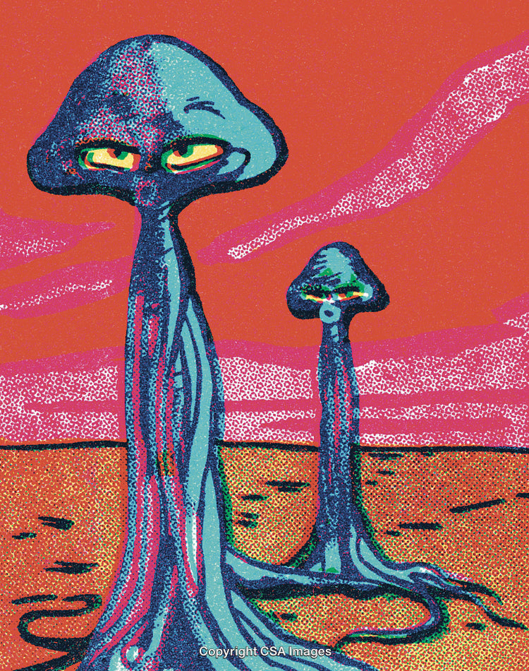 Abstract Alien Creatures in a Surreal Landscape with Orange Background