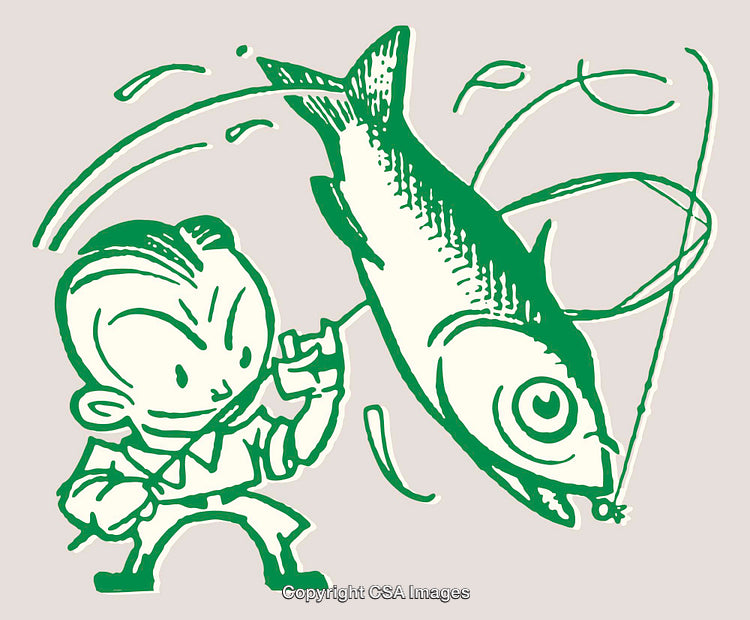 Vintage Illustration of a Boy Fishing and Catching a Big Fish