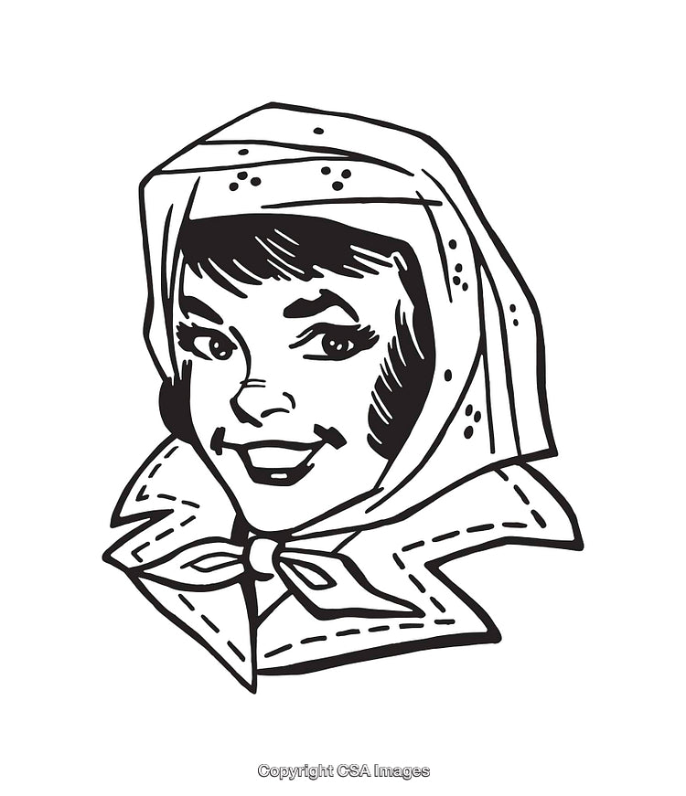 Black and White Illustration of Smiling Woman in Traditional Headscarf