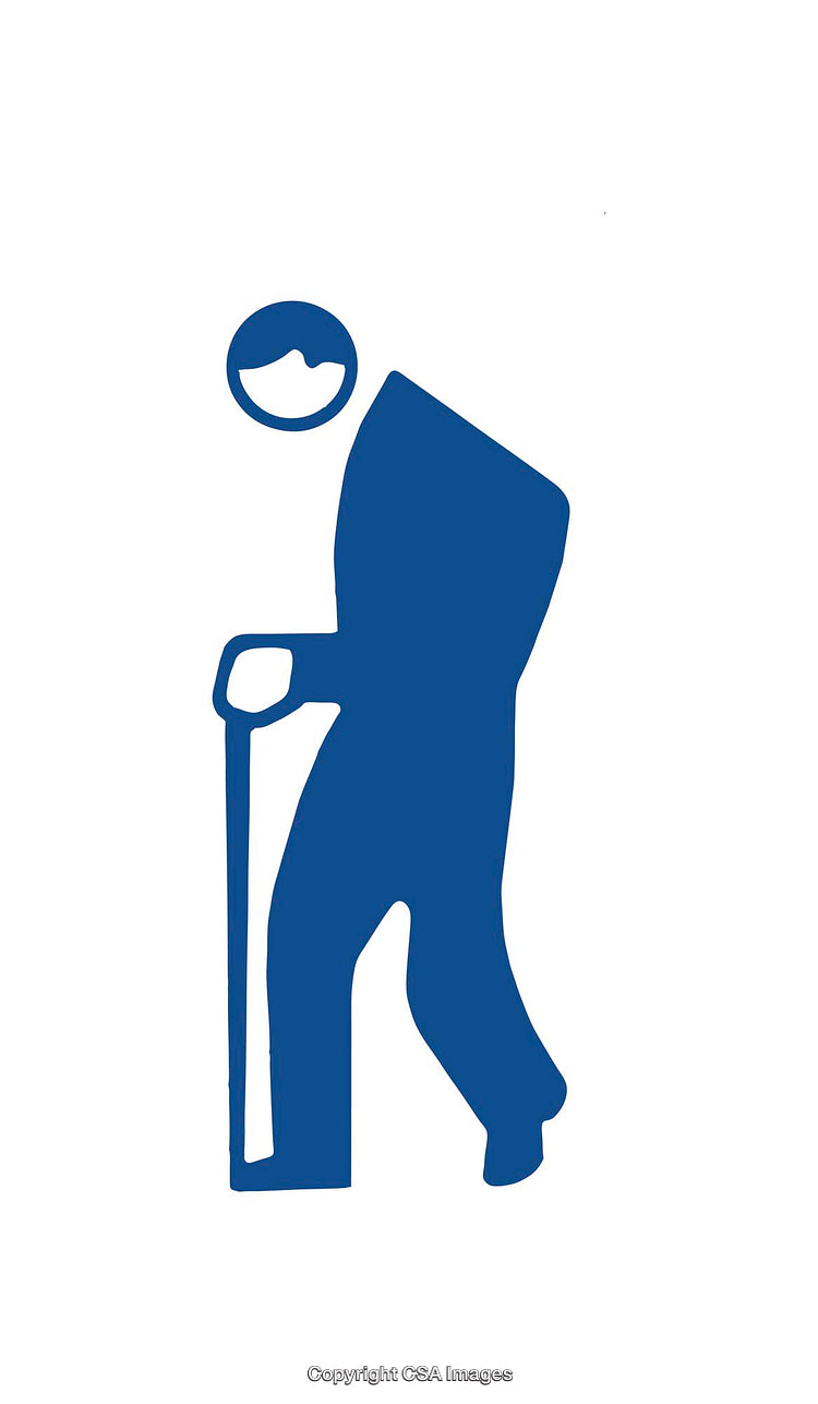 Blue Silhouette Icon Depicting a Person Walking With a Cane