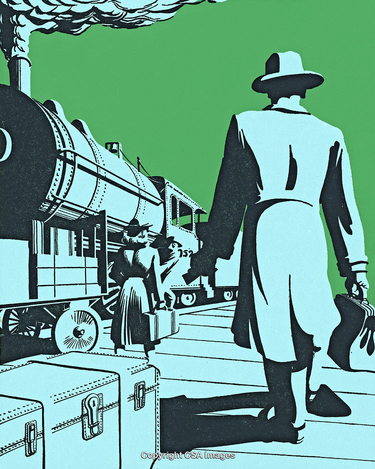 Retro Illustration of Travelers at a Train Station with Luggage and Steam Locomotive