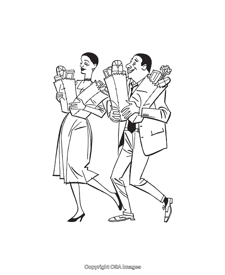 Black and White Illustration of a Happy Couple with Grocery Bags