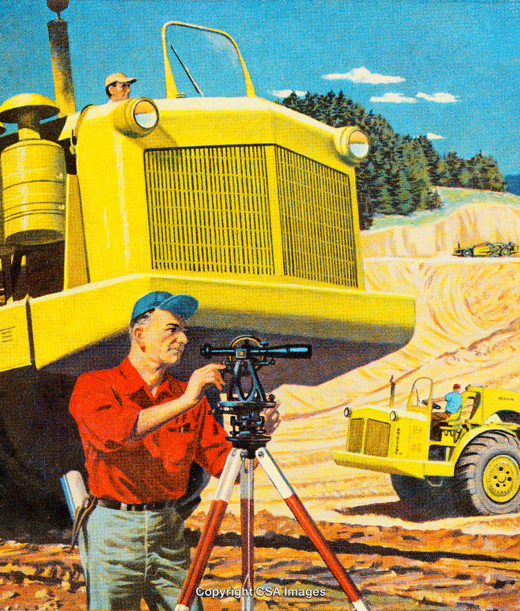 Surveyor Using Equipment at Construction Site with Heavy Machinery Outdoors