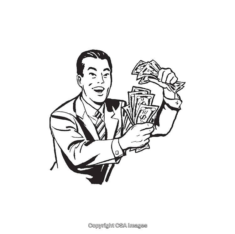 Retro Illustration of a Happy Man Holding Cash in Both Hands