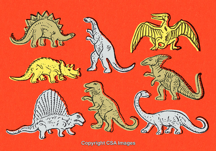 Colorful Cartoon Illustrations of Dinosaurs on Bright Background