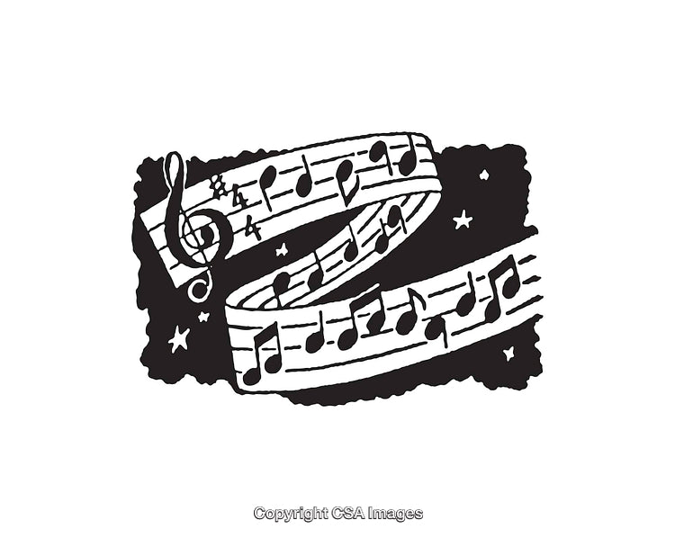 Black and White Musical Notes Line Art Illustration with Stars