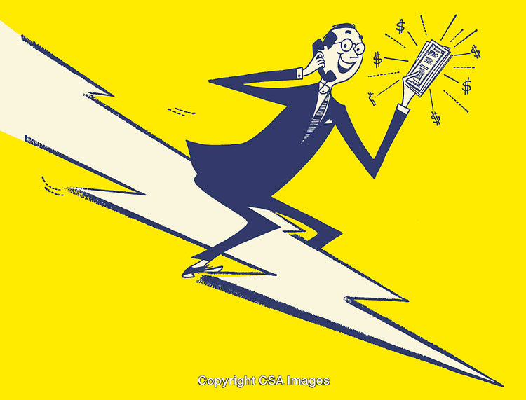 Businessman Riding Lightning Bolt Talking on Phone Holding Document