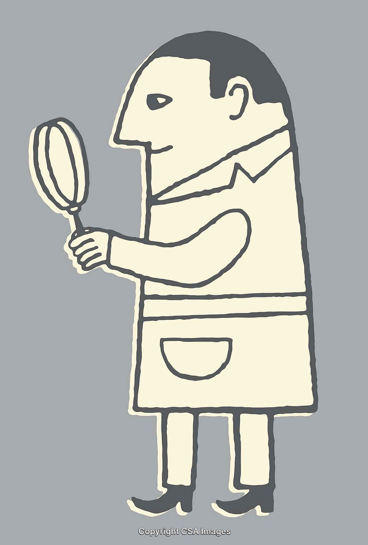 Cartoon Character Inspecting With Magnifying Glass on Grey Background