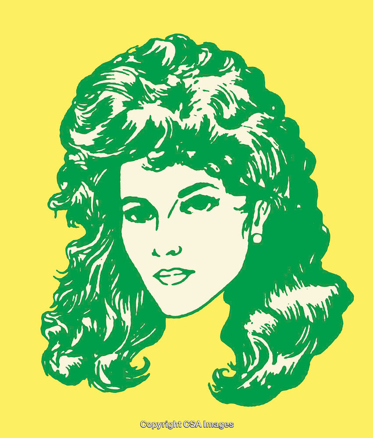 Vintage Color Illustration of a Stylized Woman Portrait on Yellow Background