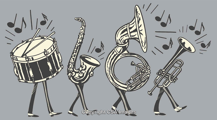 Quirky Line Art of Musical Instruments in Marching Band Formation