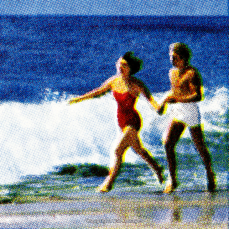 Couple on Beach Running Along Coastal Waves in Vibrant Artistic Style