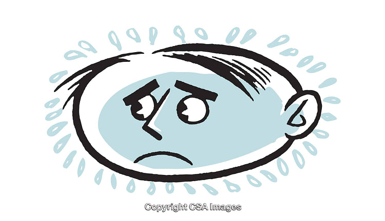 Hand-Drawn Sad Face Illustration with Blue Background and Sweat Drops