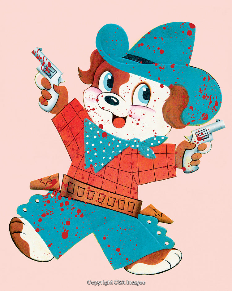 Playful Cartoon Dog in Cowboy Attire On Pink Background