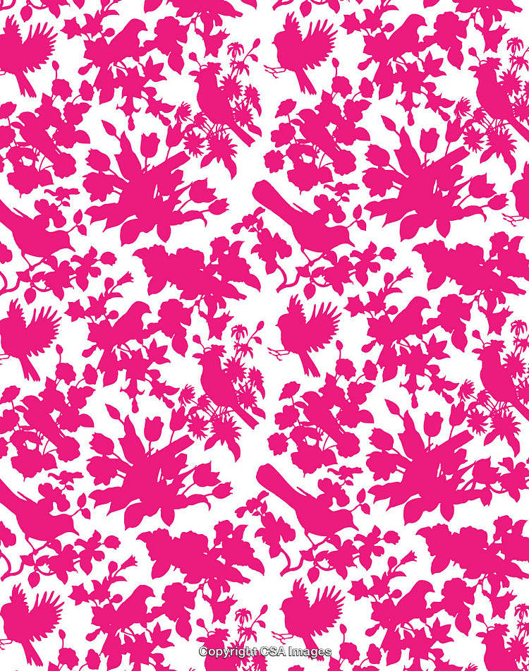 Pink Silhouettes of Birds and Plants in a Decorative Pattern Design