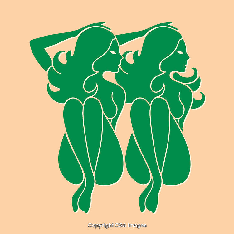 Gemini Zodiac Symbol With Elegant Green Female Figures in Line Art