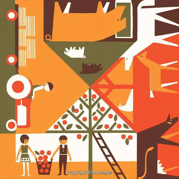 Colorful Abstract Composition with Animals, Farmers, and Nature