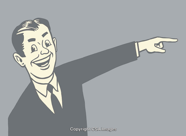 Retro Styled Line Art Illustration of Smiling Businessperson in Suit Gesturing Right