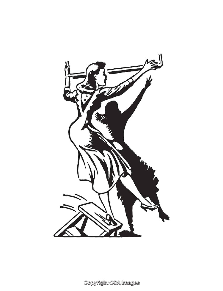 Vintage Black and White Line Art of Woman in Action Pose