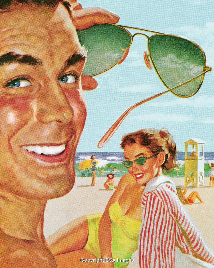 Vintage Beach Illustration with Smiling Couple in Sunglasses Relaxing Outdoors