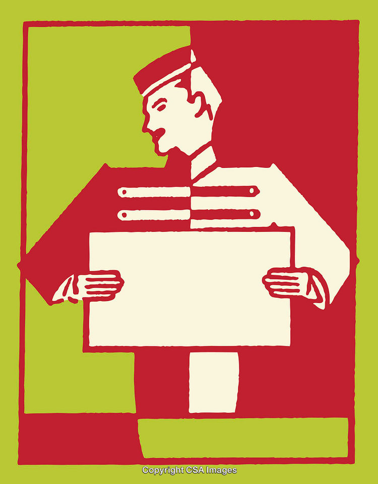 Retro Style Line Art Illustration of a Uniformed Person Holding a Blank Sign