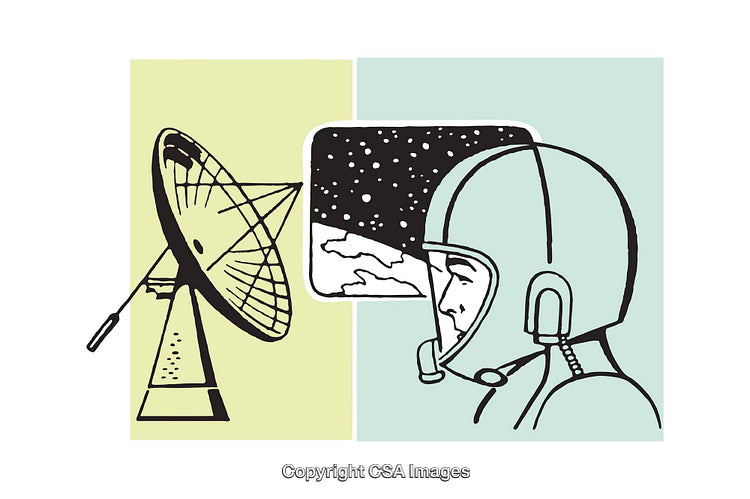 Colorful Illustration of Satellite Dish and Astronaut in Space Design