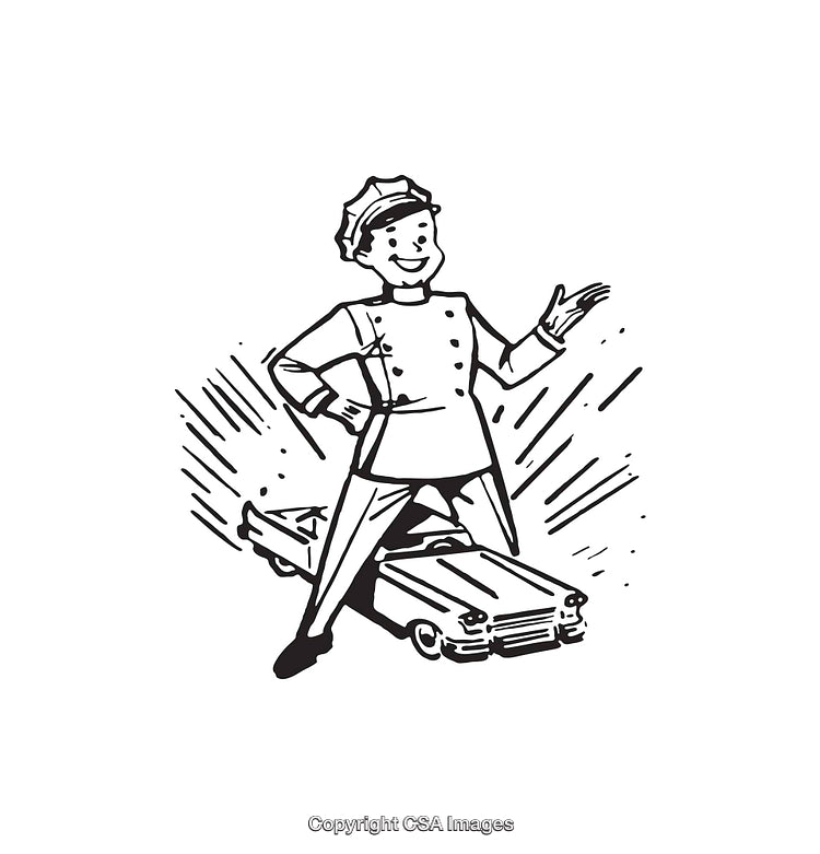 Vintage Line Art of a Cheerful Attendant with Classic Car Sketch