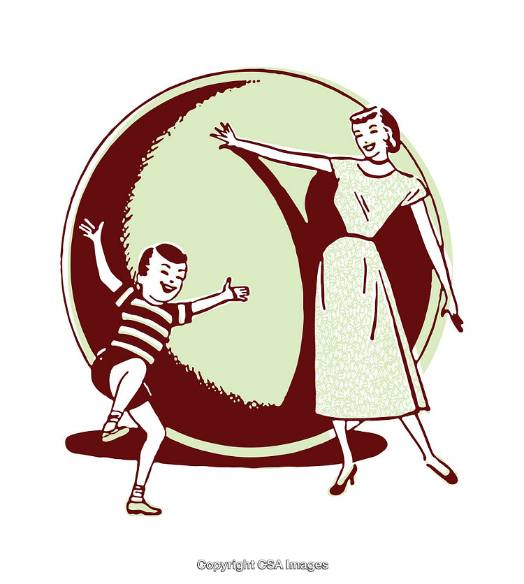 Retro Illustration of Joyful Mother and Son in a Playful Pose