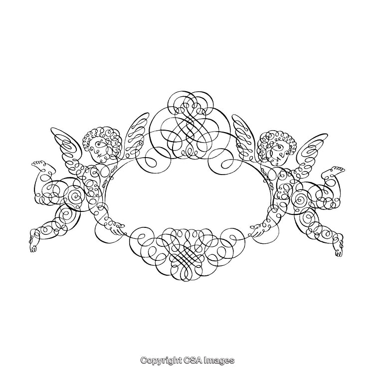Intricate Line Drawing of Two Cherubs with Ornamental Border Design